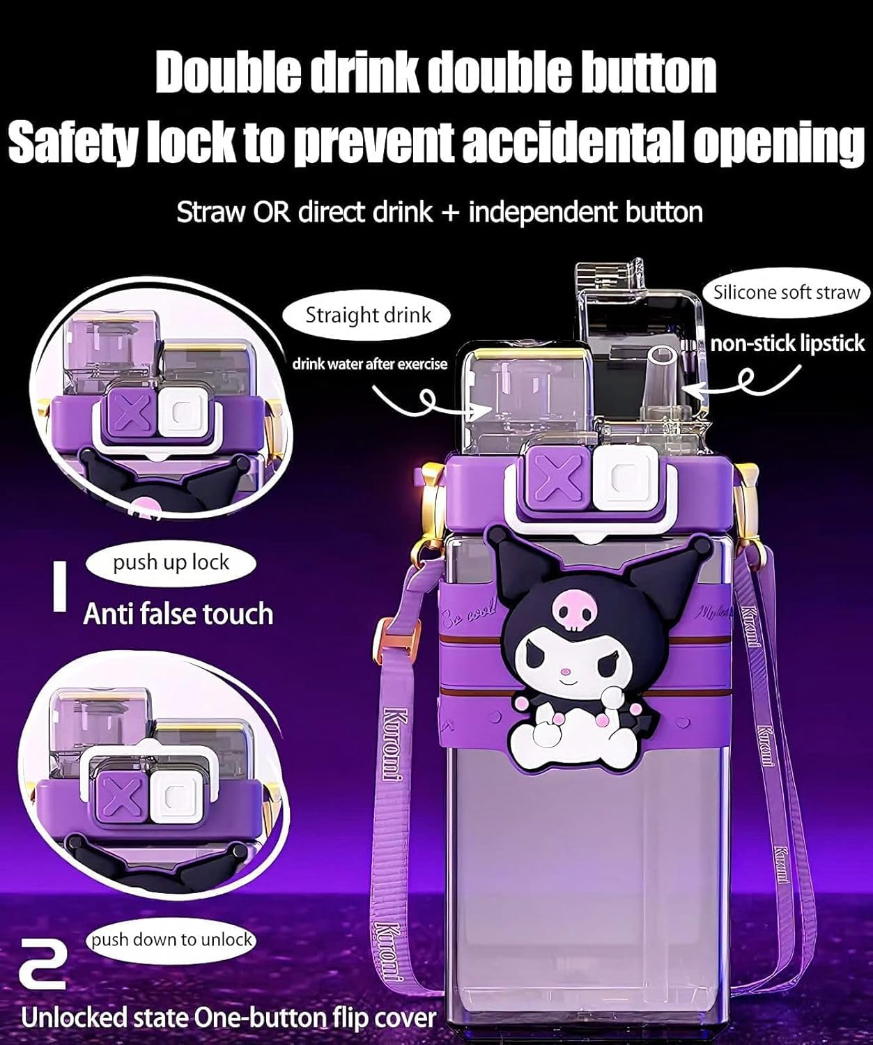 Kuromi Inspired 2 Way Sipper Water Bottle
