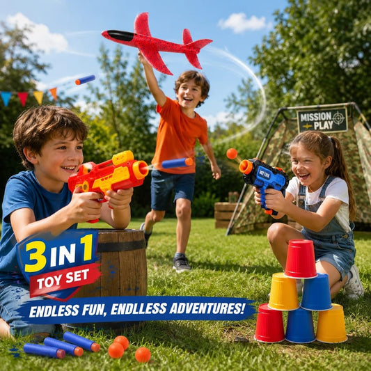 3-in-1 Plane Launcher | Foam Plane, Darts & Ball Shooter