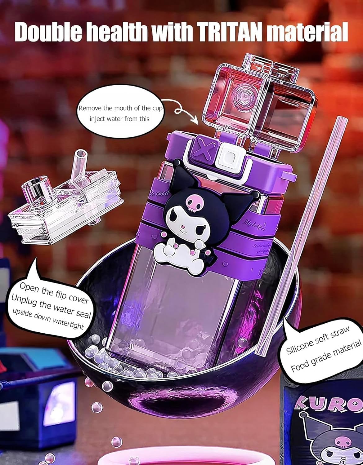 Kuromi Inspired 2 Way Sipper Water Bottle
